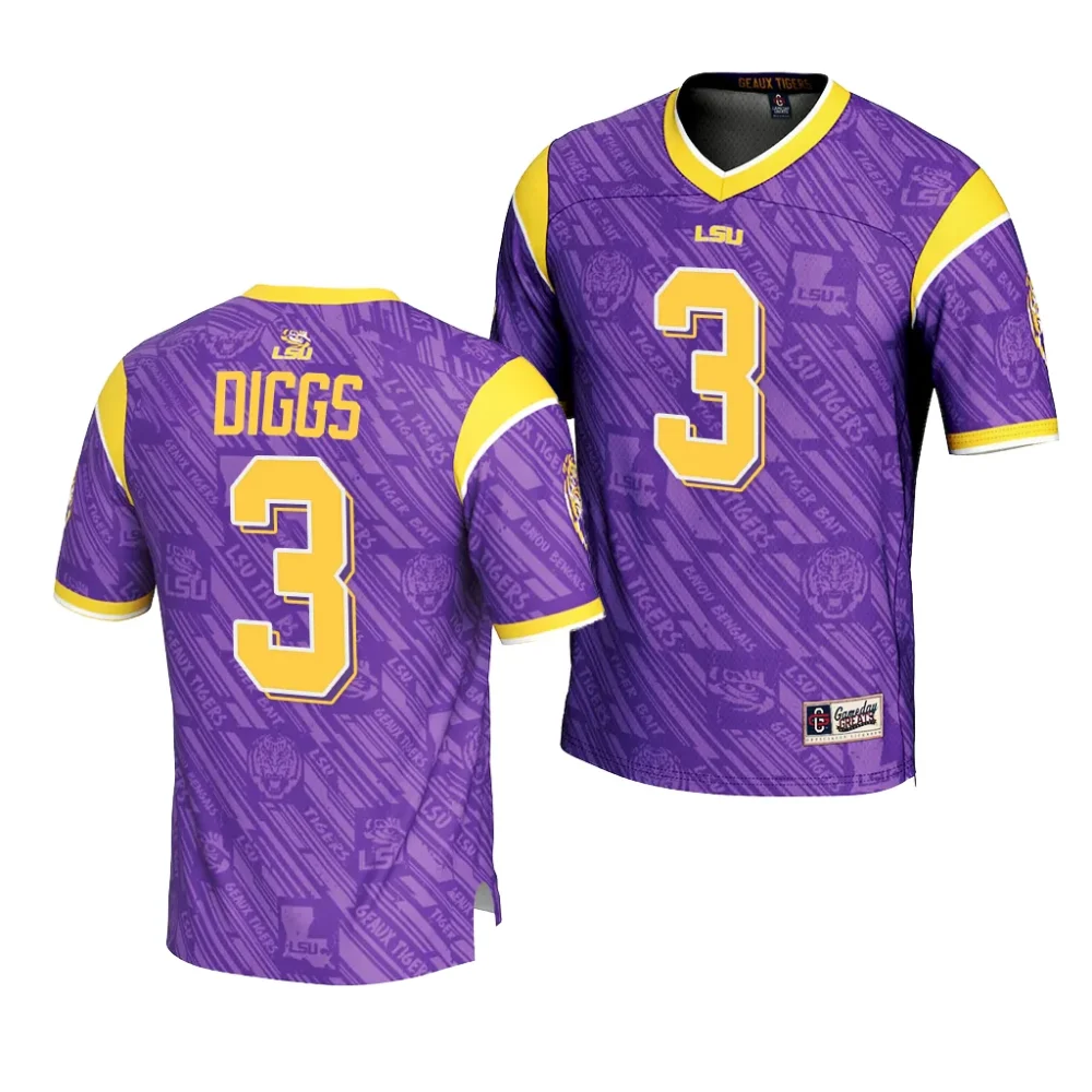 Men's LSU Tigers Logan Diggs #3 Purple Highlight Print Fashion NCAA Football Jersey